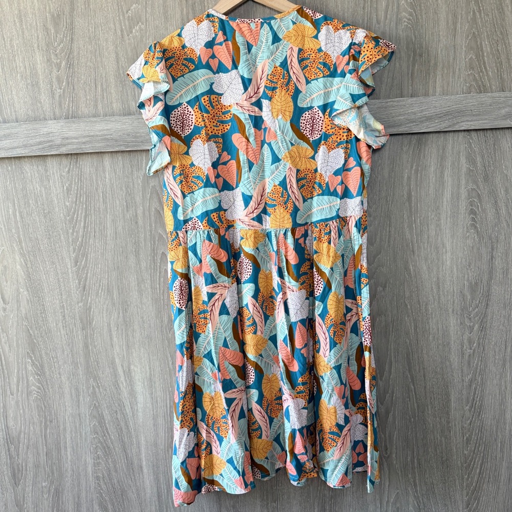 CUPSHE Mini Dress Women Large Blue Tropical Leaf Flutter Sleeve Button Boho NWT - Picture 5 of 7